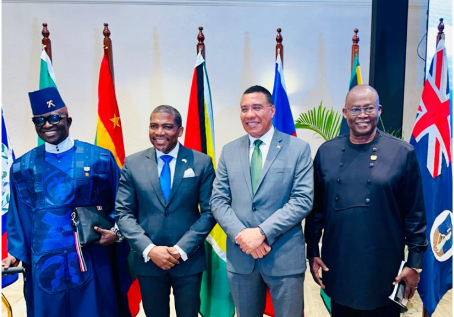 L-R: Ghana’s Presidential Special Envoy for the Caribbean Region H. E. King Kwasi Kyei Darkwah, Saint Kitts and Nevis Prime Minister and current Chairman of the Caribbean Community (CARICOM) H. E. Dr Terrance Drew, Prime Minister of Jamaica Dr. the Most Hon. Andrew Holness, & Ghana’s Presidential Special Envoy for Reparations.